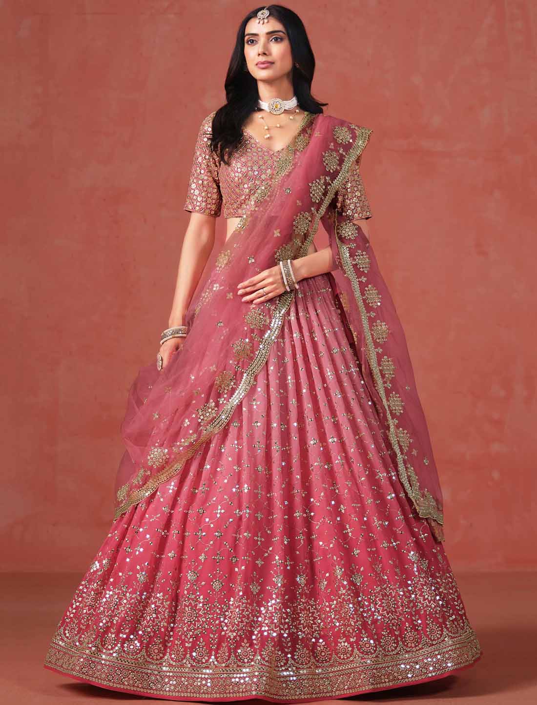 Peach Ethnic Georgette Sequins Designer Zari Embroidered Lehenga Choli