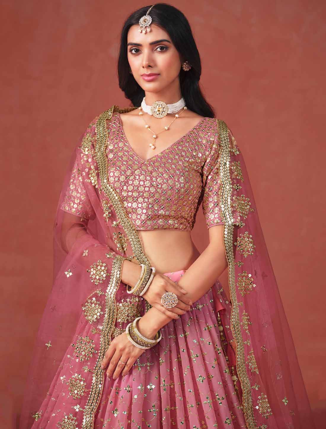 Peach Ethnic Georgette Sequins Designer Zari Embroidered Lehenga Choli