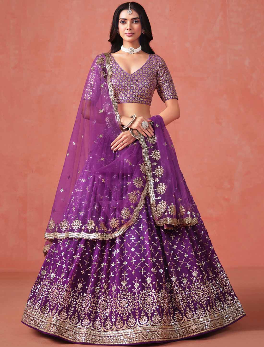 Purple Georgette Designer Ethnic Sequins Zari Embroidered Lehenga Choli