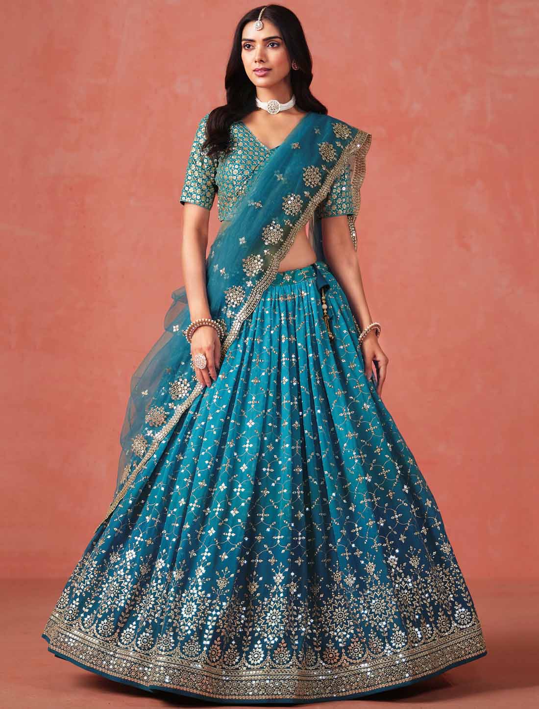Rama Blue Georgette Sequins Zari Embroidered Ethnic Designer Lehenga Choli