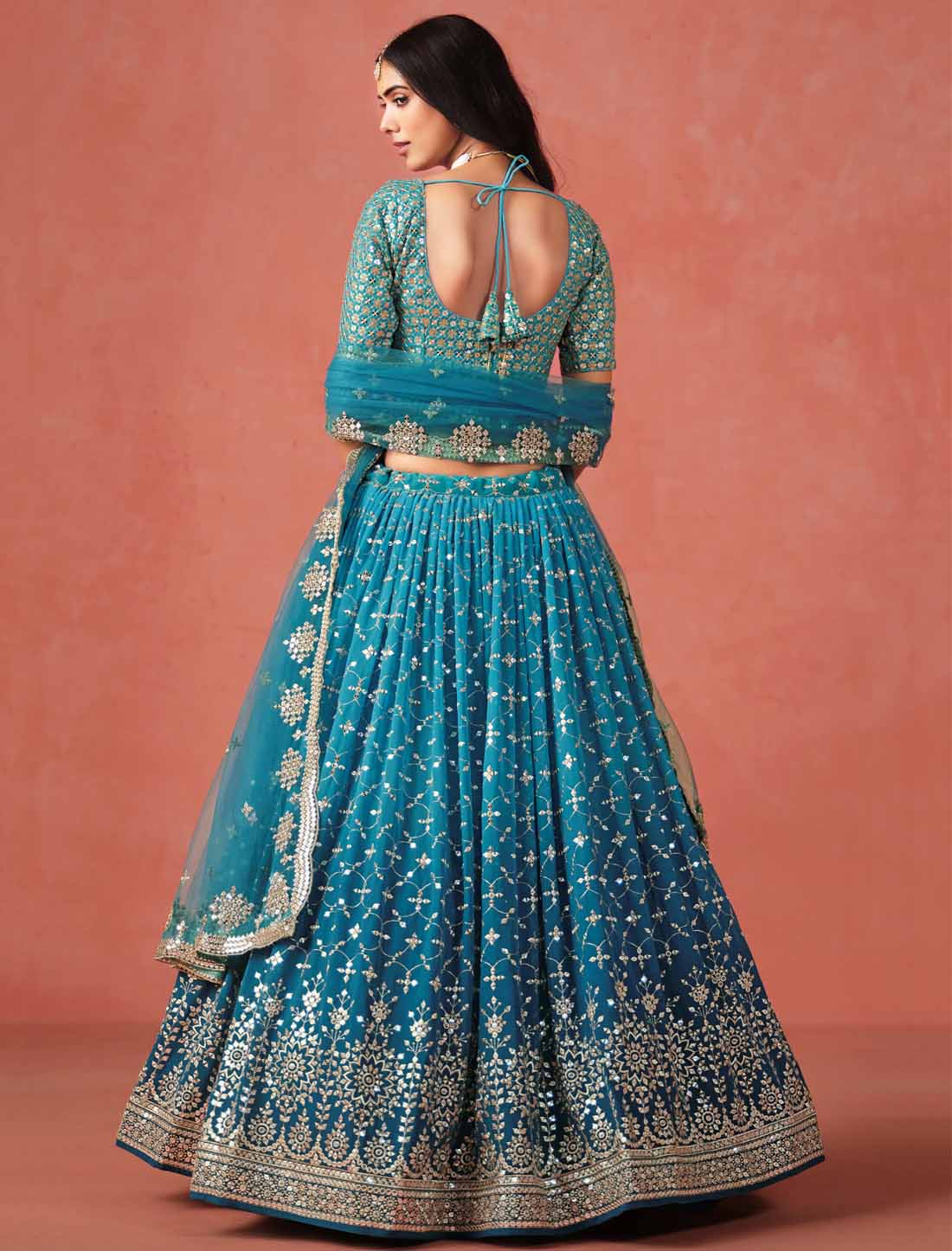 Rama Blue Georgette Sequins Zari Embroidered Ethnic Designer Lehenga Choli