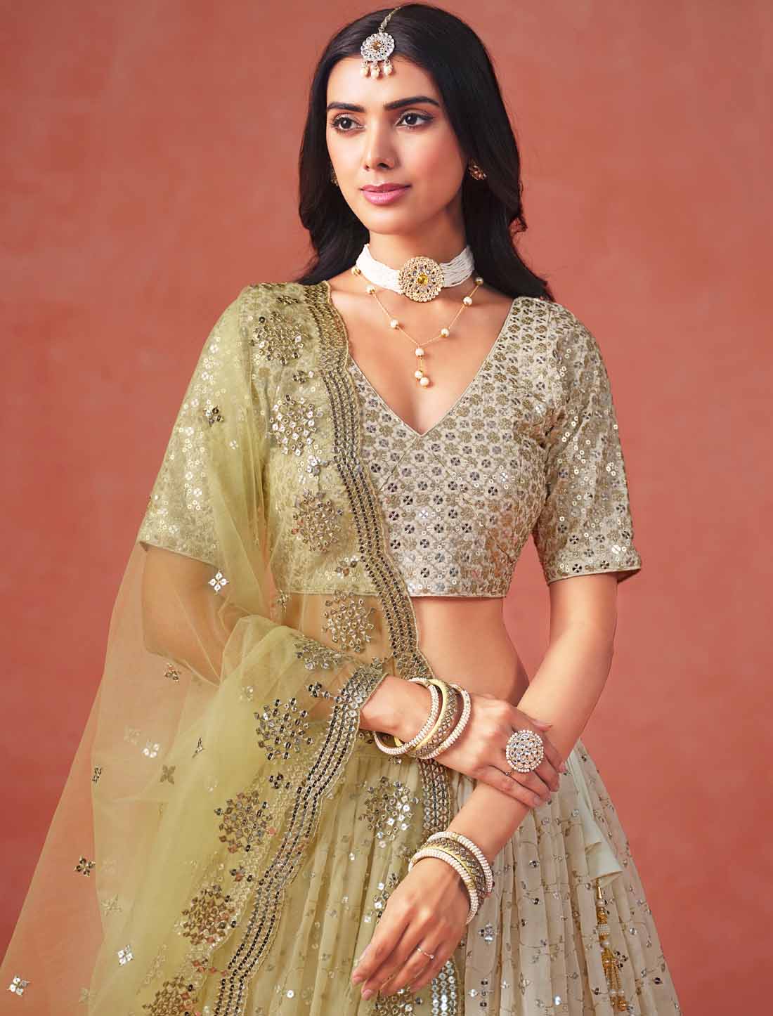 Ethnic Yellow Georgette Sequins Zari Designer Embroidered Lehenga Choli