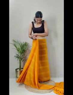 Yellow Soft Patta Style Satin Sarees with Plain Benglory Blouse Ready To Wear Sarees For Women