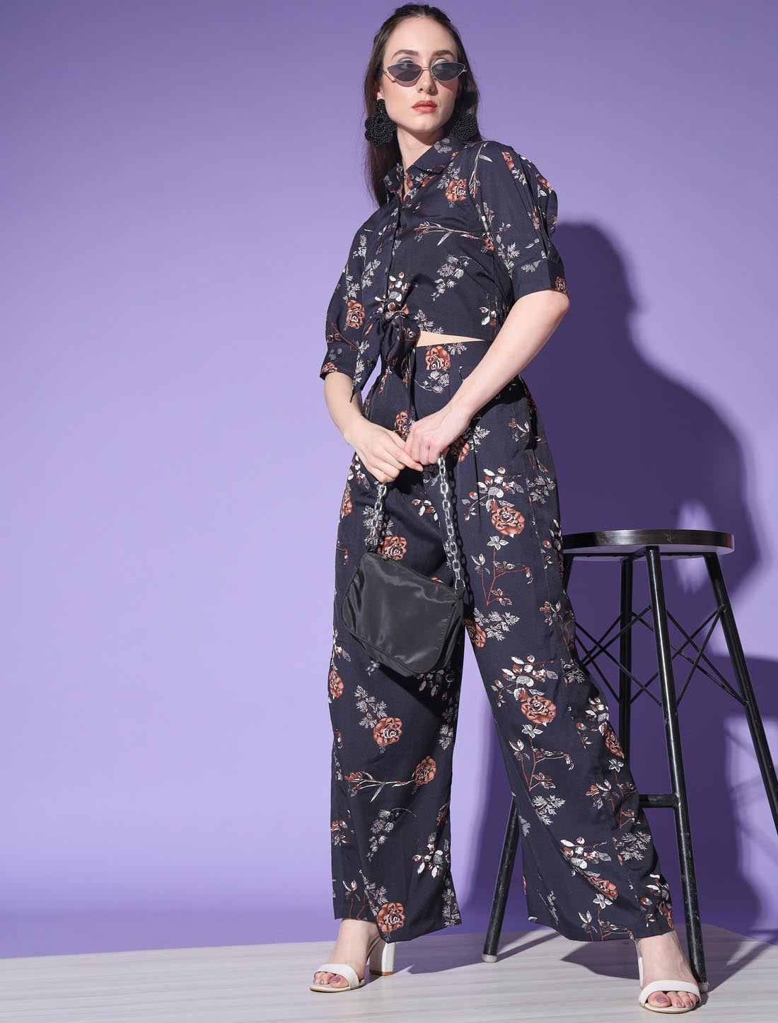 Black Opulent Women Platinum Crepe Print Co-ord Sets For Women