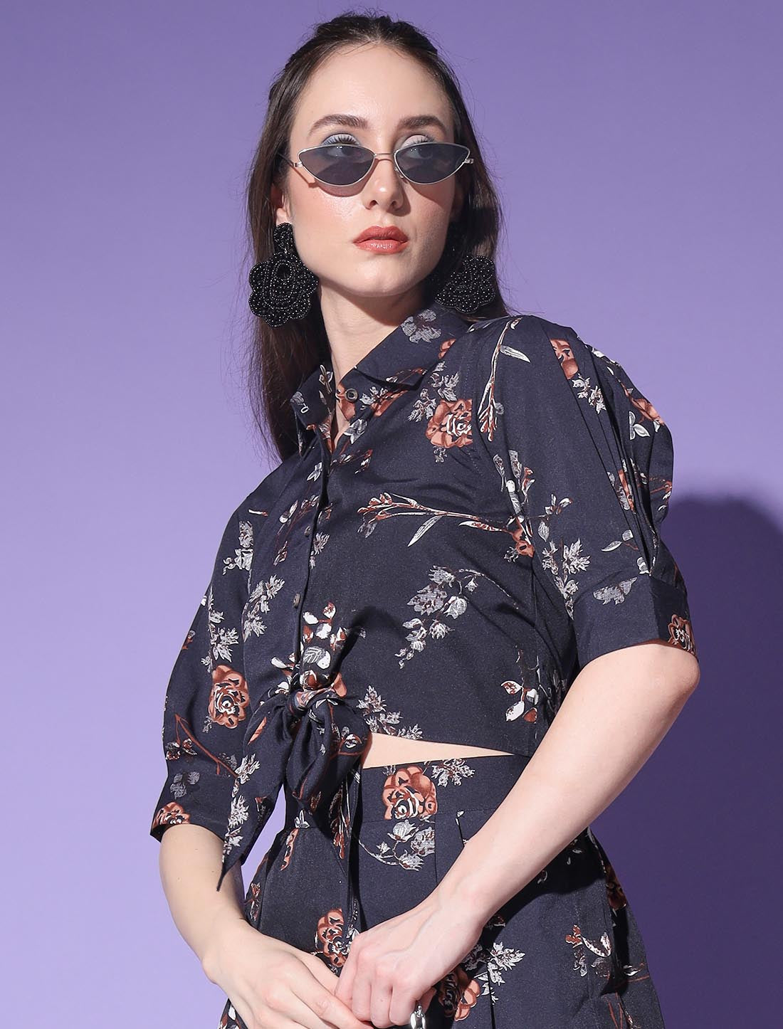 Black Opulent Women Platinum Crepe Print Co-ord Sets For Women