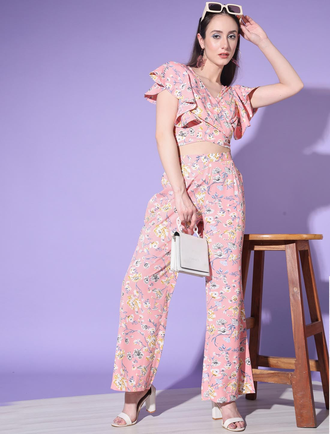 Baby Pink Women Elegant Platinum Print Crape Co-ord Sets