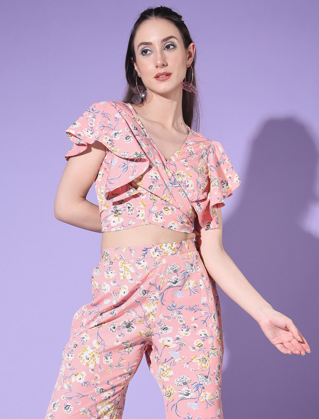 Baby Pink Women Elegant Platinum Print Crape Co-ord Sets