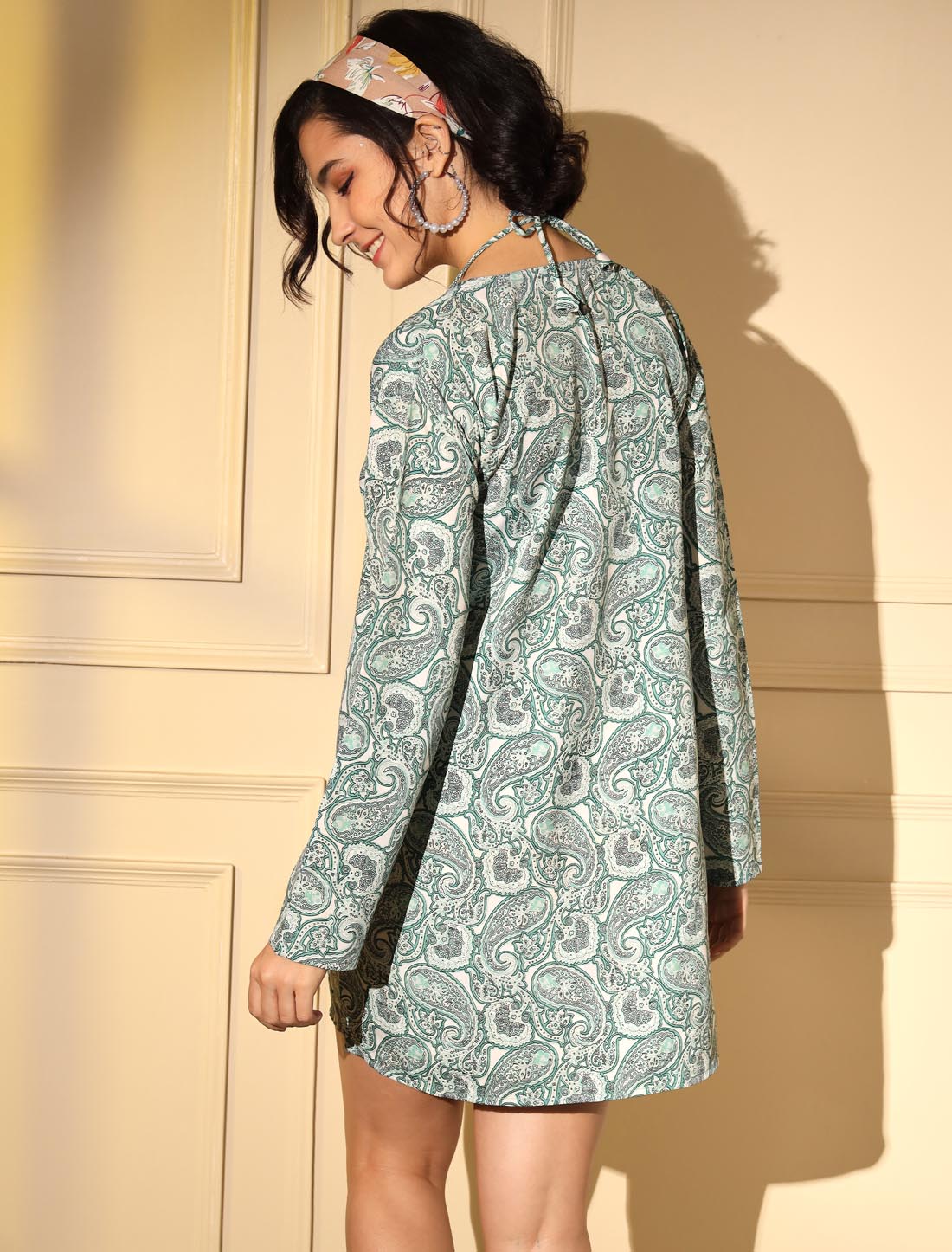 Regal Turquoise Blue Platinum Crape Print Co-ord Set For Women