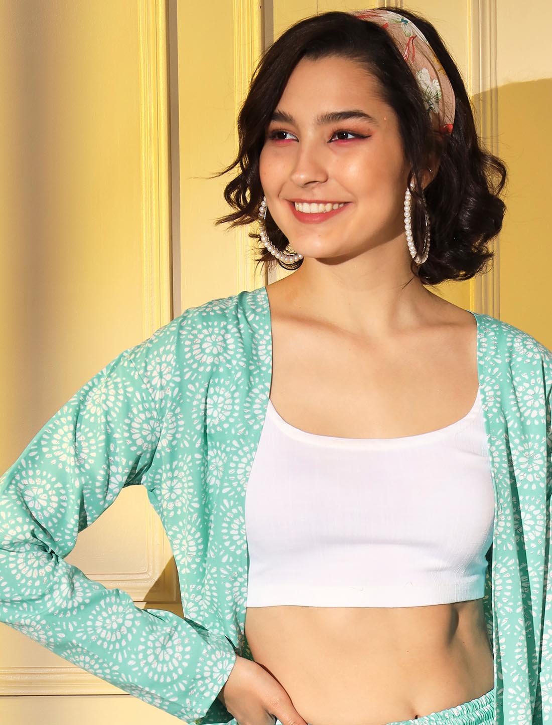 Turquoise Blue Women Stylish Platinum Print Crape Co-ord Set