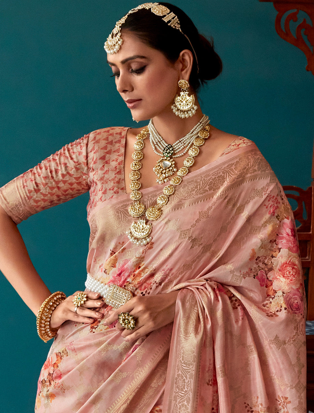 Peach Soft Silk Designer Party Wear Ethnic Saree