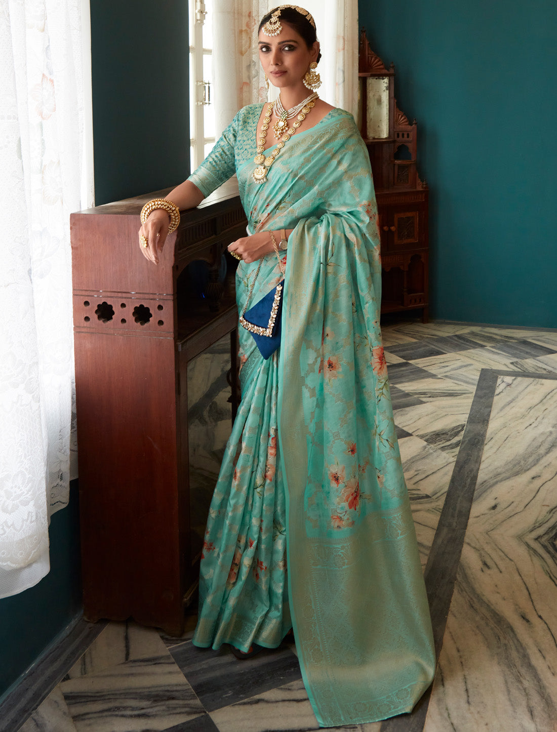 Ocean Blue Soft Silk Designer Party Wear Ethnic Saree