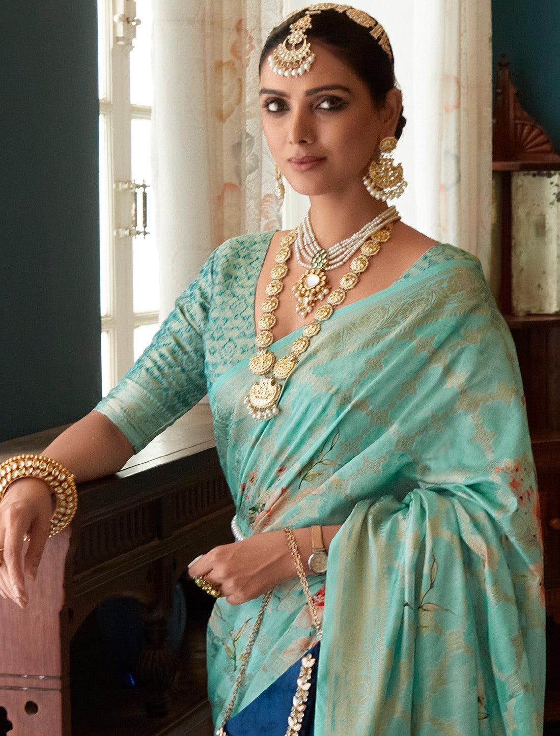 Ocean Blue Soft Silk Designer Party Wear Ethnic Saree