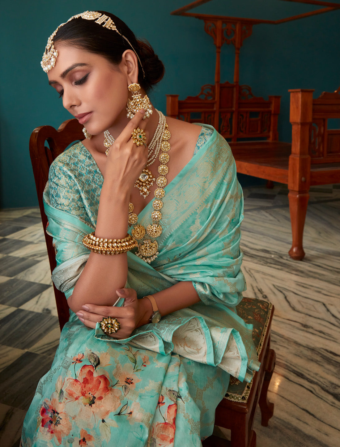 Ocean Blue Soft Silk Designer Party Wear Ethnic Saree
