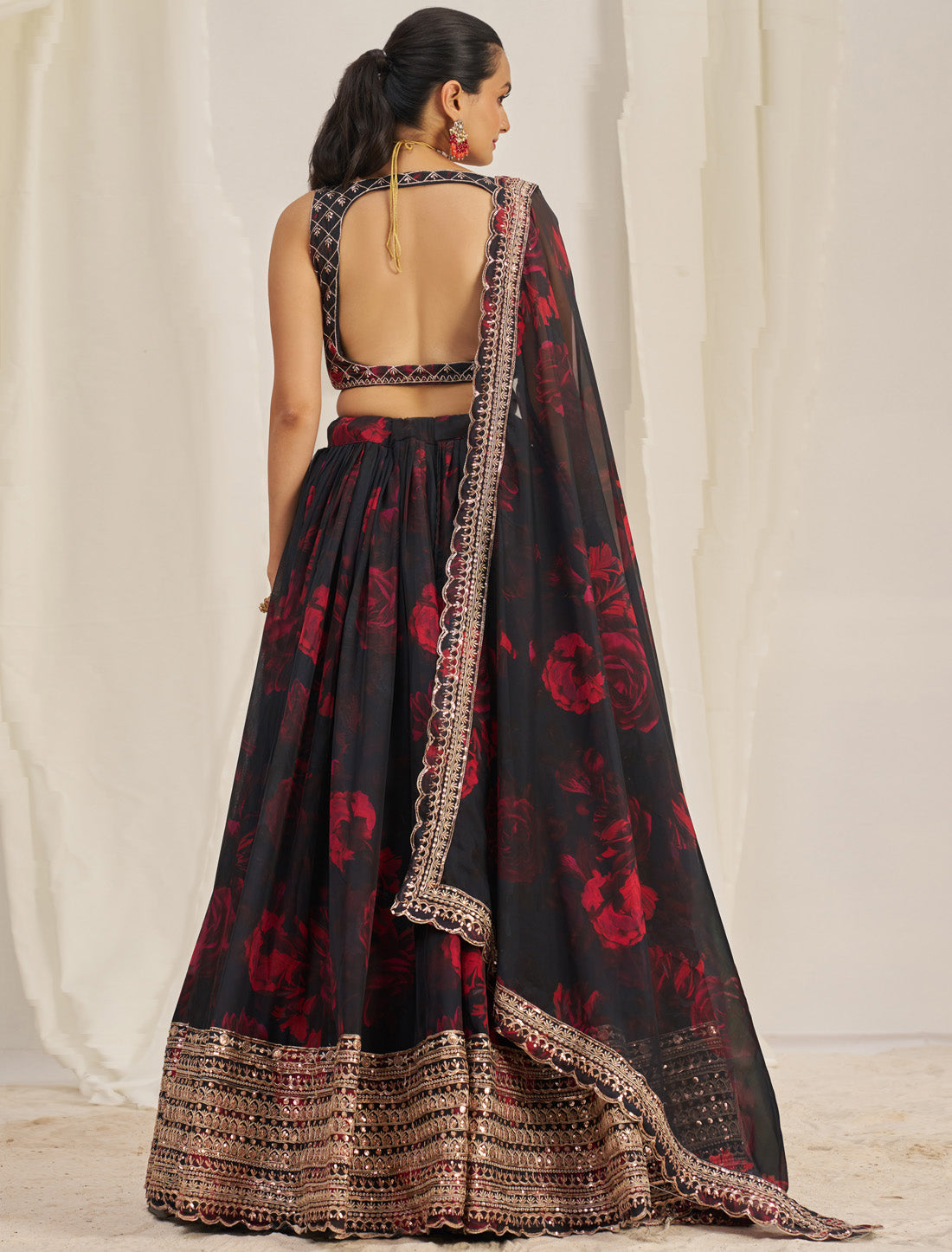 Black Organza Semi-Stitched With Zari & Sequins Designer Lehenga Choli