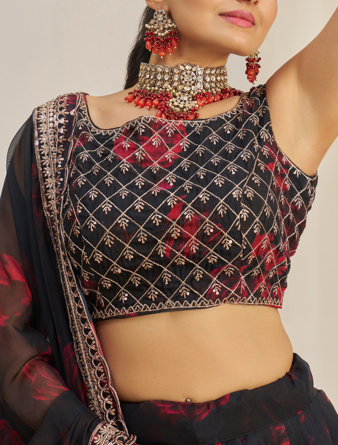 Black Organza Semi-Stitched With Zari & Sequins Designer Lehenga Choli