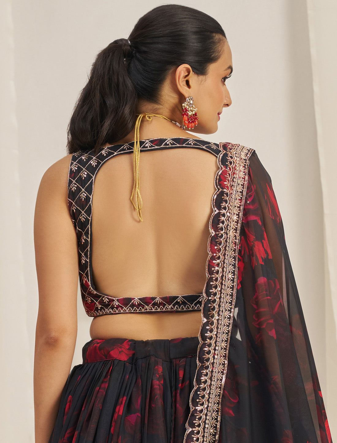 Black Organza Semi-Stitched With Zari & Sequins Designer Lehenga Choli