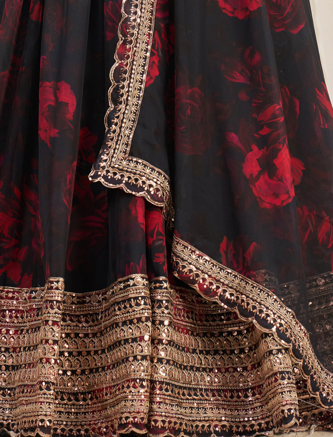 Black Organza Semi-Stitched With Zari & Sequins Designer Lehenga Choli