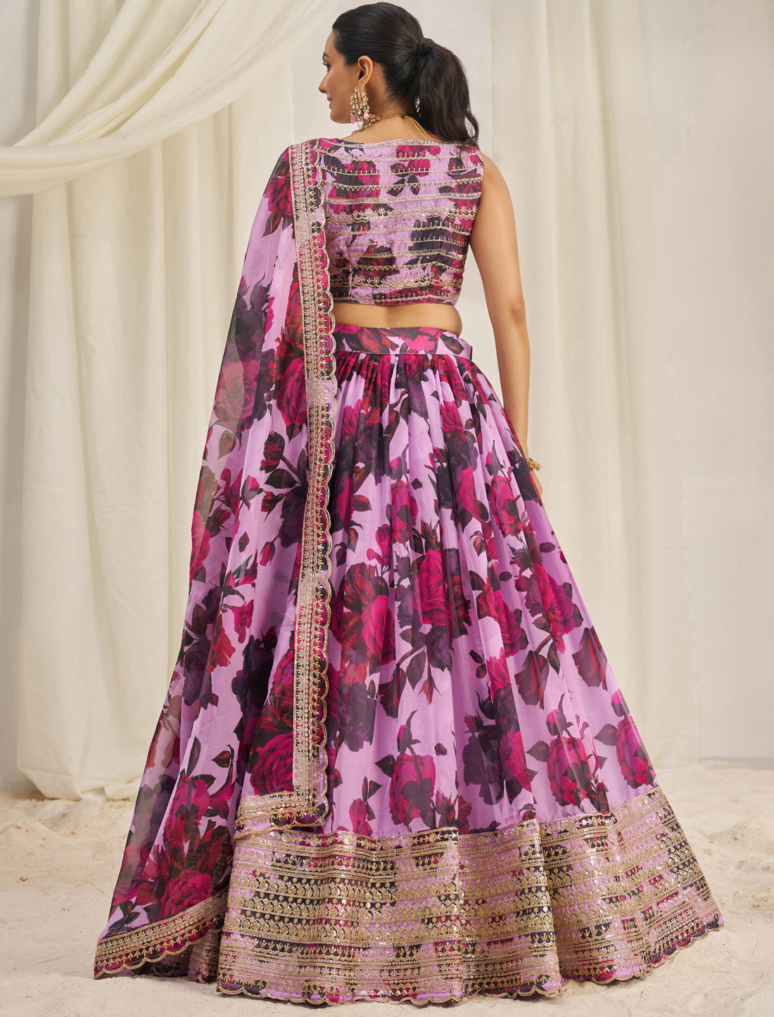 Organza Pink Semi-Stitched With Zari & Sequins Designer Lehenga Choli