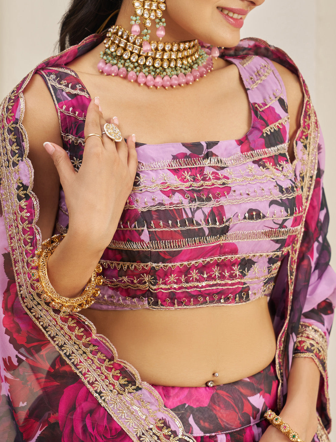 Organza Pink Semi-Stitched With Zari & Sequins Designer Lehenga Choli