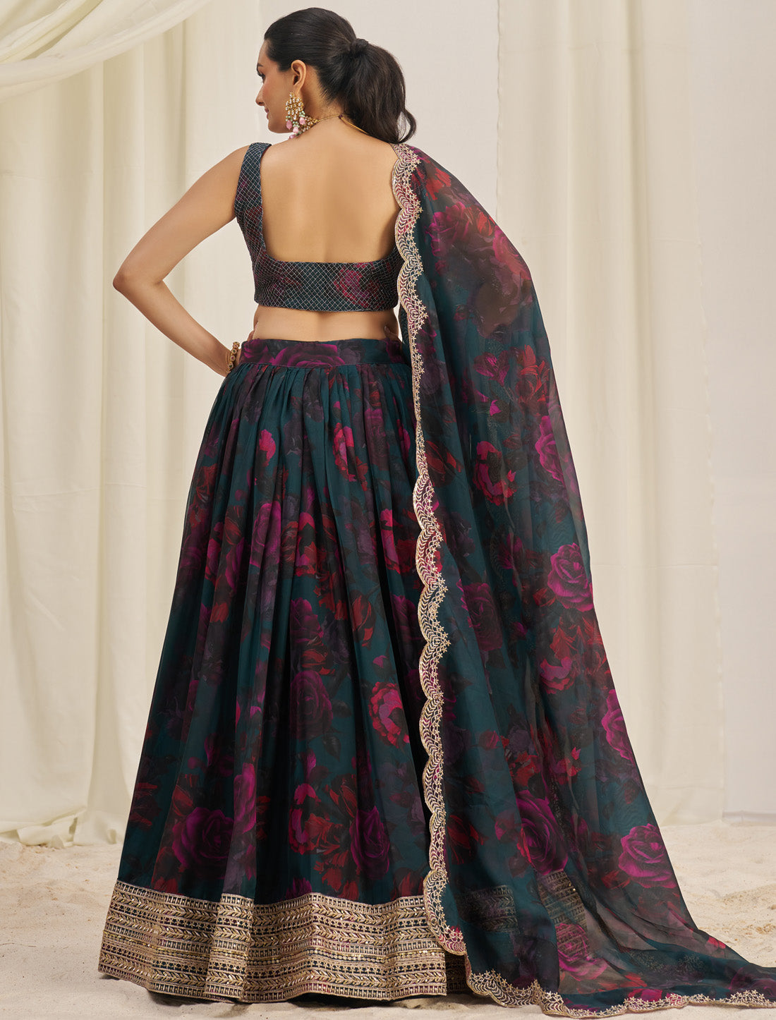Blue Organza Semi-Stitched With Zari & Sequins Designer Lehenga Choli