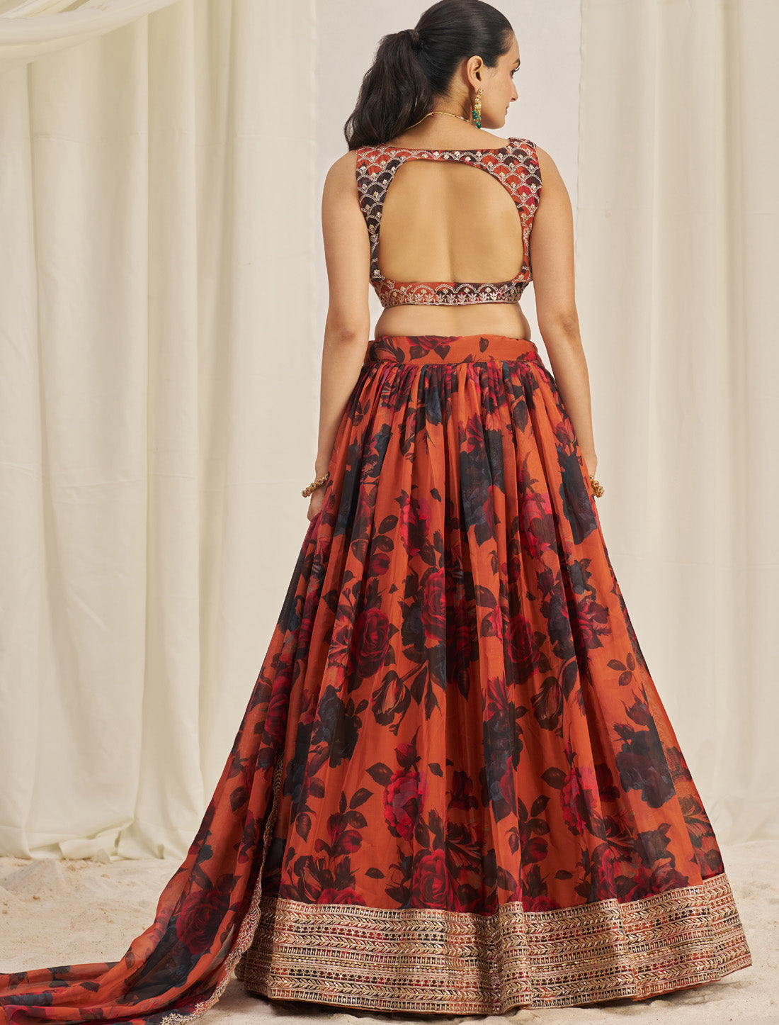 Orange Organza Semi-Stitched With Zari & Sequins Designer Lehenga Choli