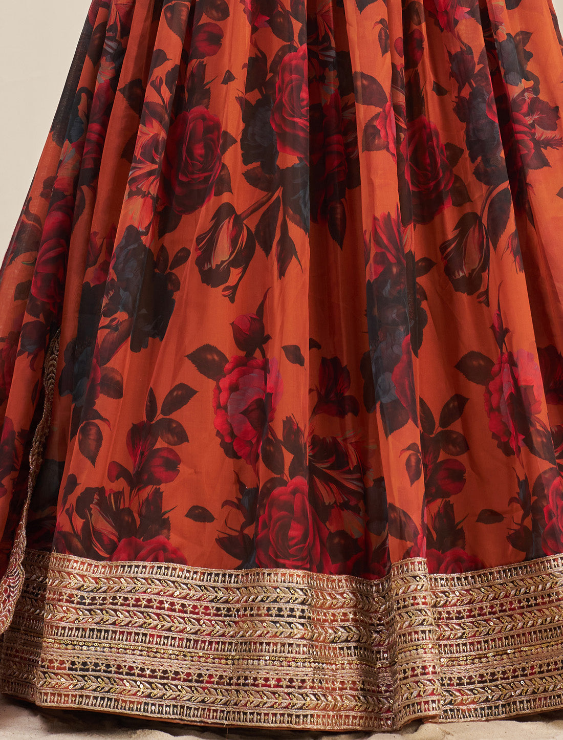 Orange Organza Semi-Stitched With Zari & Sequins Designer Lehenga Choli