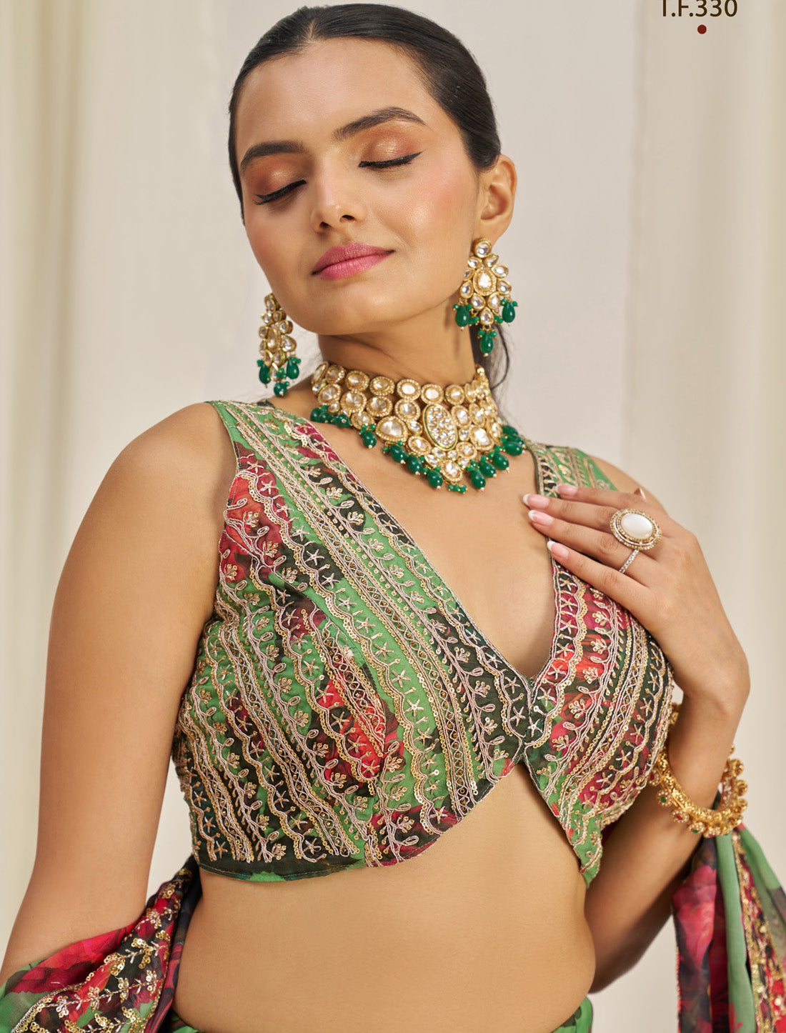 Parrot Green Organza Semi-Stitched With Zari & Sequins Lehenga Choli