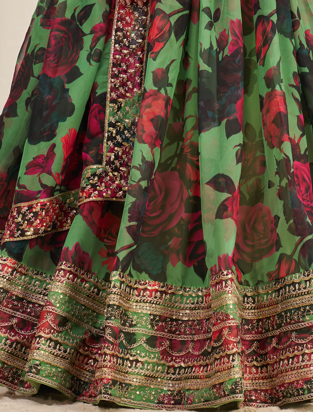 Parrot Green Organza Semi-Stitched With Zari & Sequins Lehenga Choli