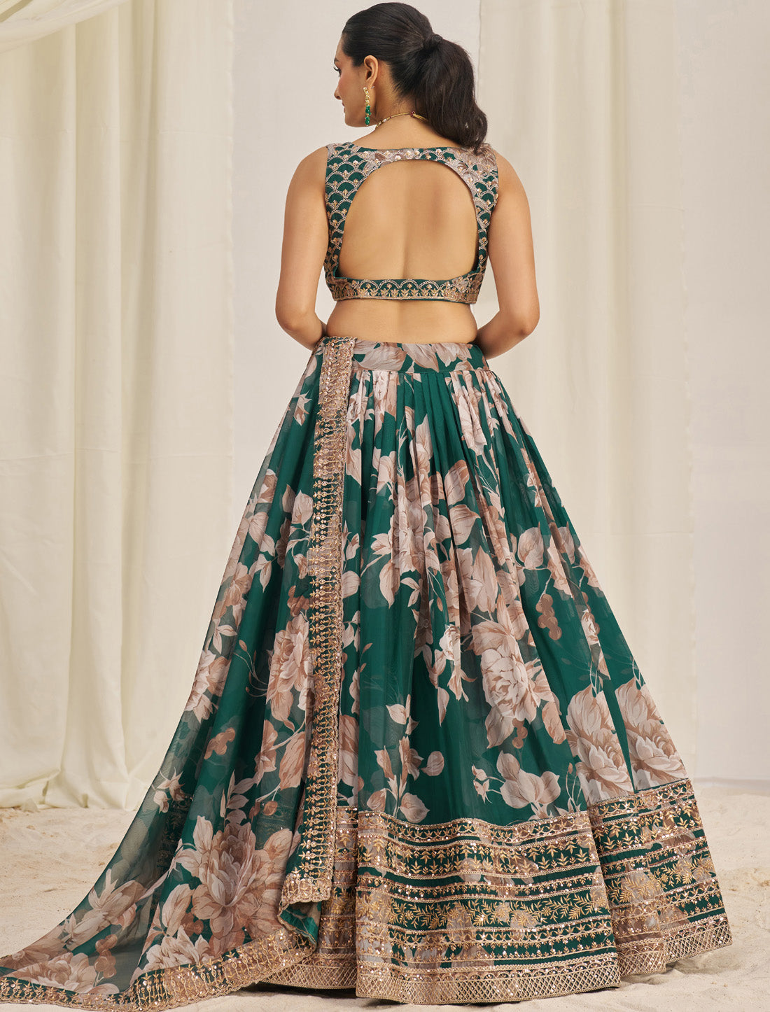 Dark Grreen Organza Semi-Stitched With Zari & Sequins Lehenga Choli