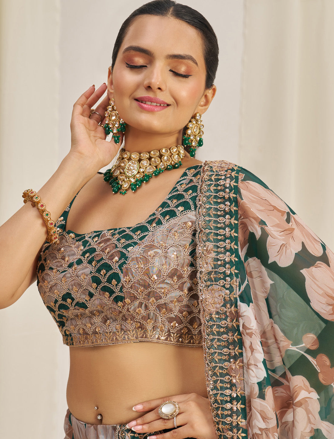 Dark Grreen Organza Semi-Stitched With Zari & Sequins Lehenga Choli