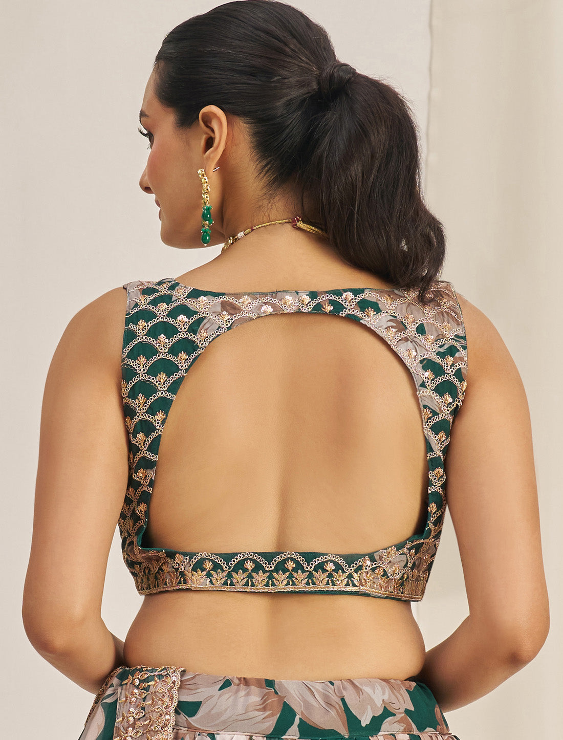Dark Grreen Organza Semi-Stitched With Zari & Sequins Lehenga Choli