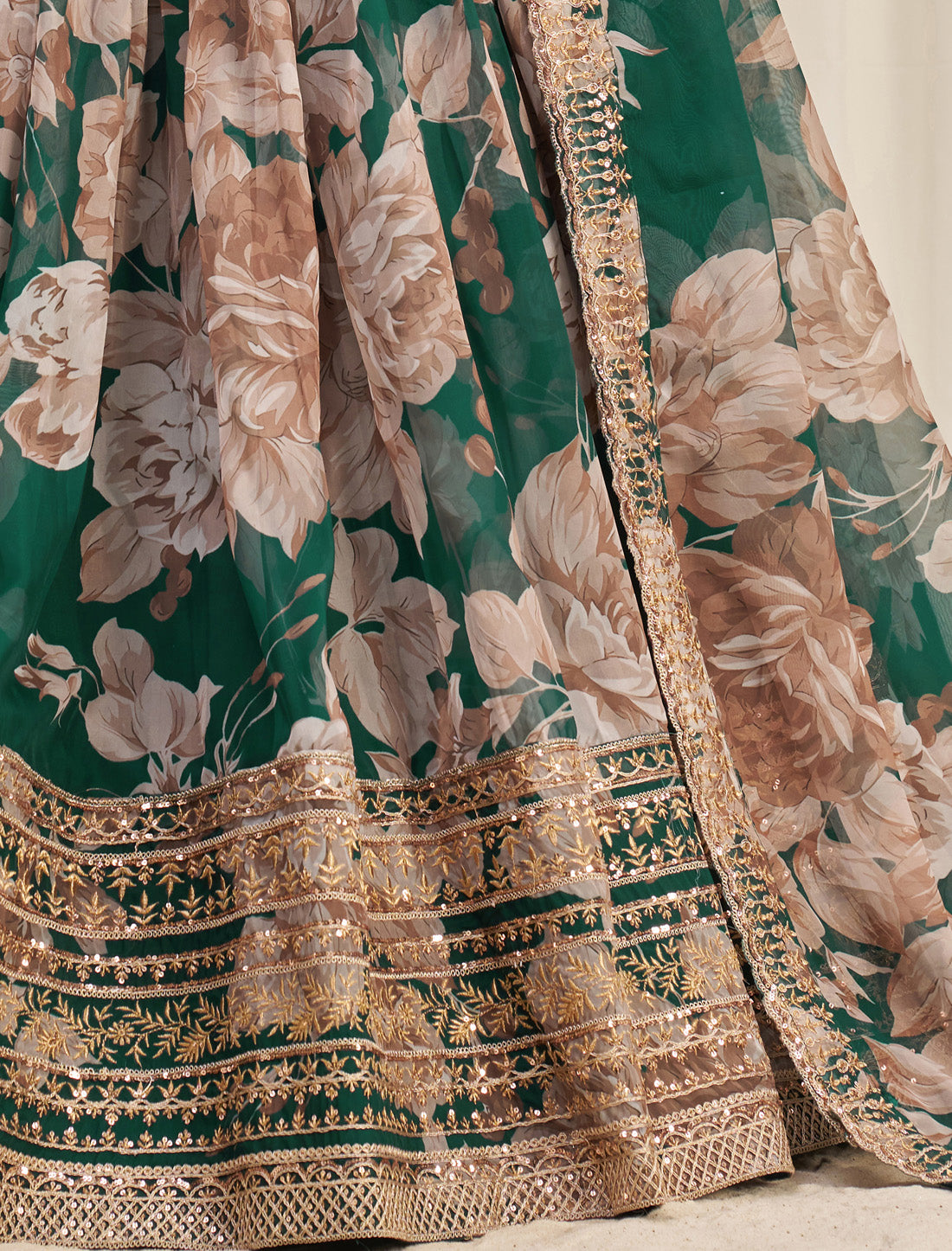 Dark Grreen Organza Semi-Stitched With Zari & Sequins Lehenga Choli