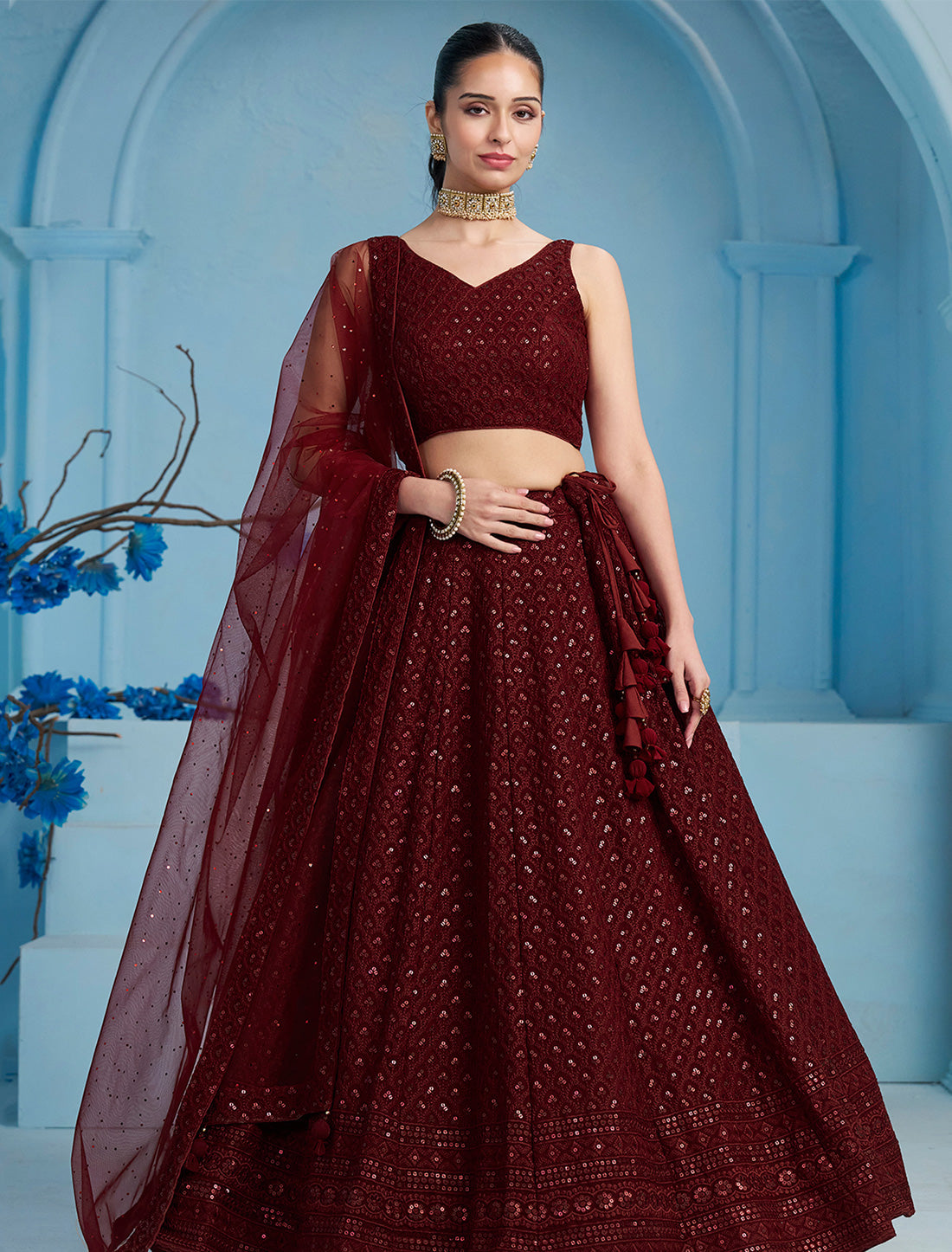 Maroon Designer Georgette Ethnic Lehenga Choli Set With Embroidery