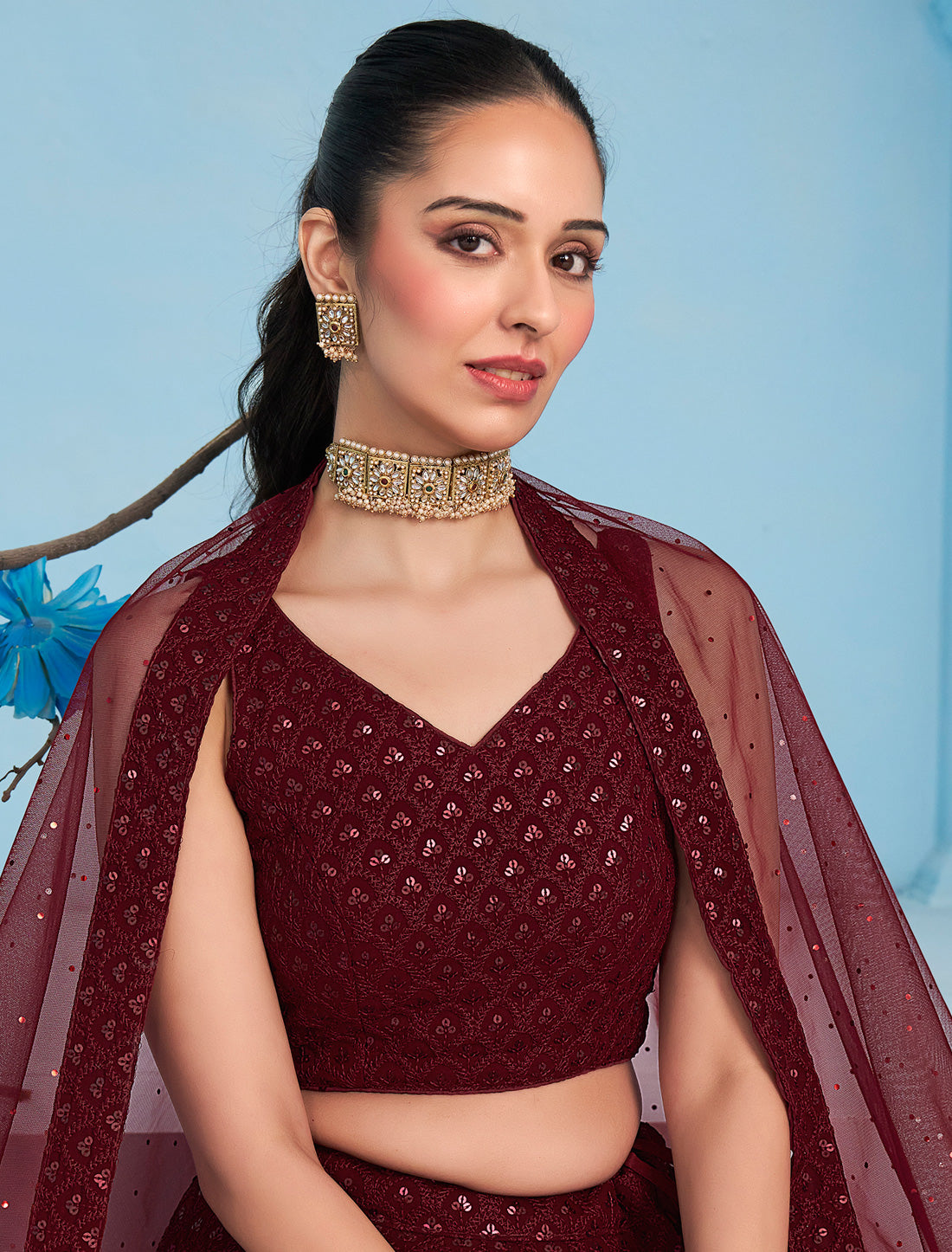 Maroon Designer Georgette Ethnic Lehenga Choli Set With Embroidery