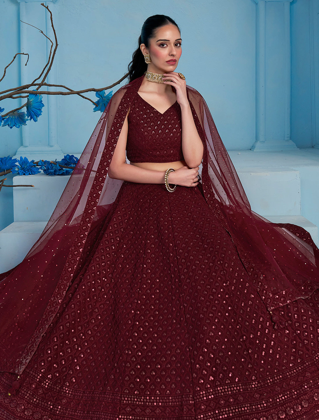 Maroon Designer Georgette Ethnic Lehenga Choli Set With Embroidery