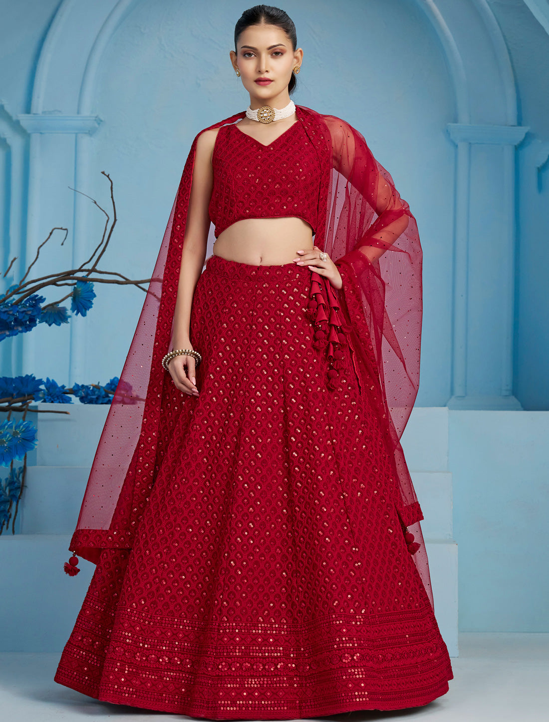 Red Ethnic Georgette Designer Lehenga Choli Set With Embroidery