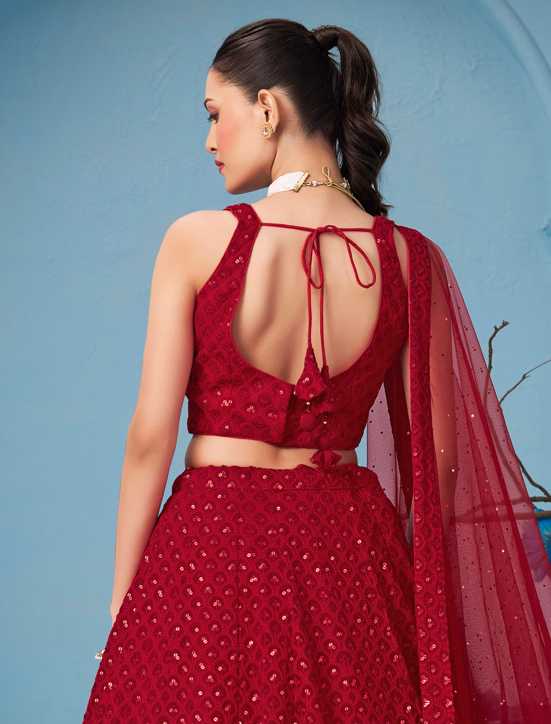 Red Ethnic Georgette Designer Lehenga Choli Set With Embroidery