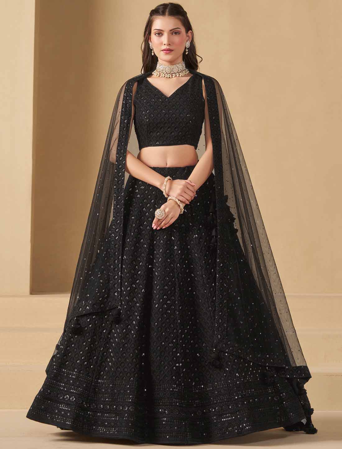 Black Georgette With Soft Net Thread Embroidered Ethnic Lehenga Choli