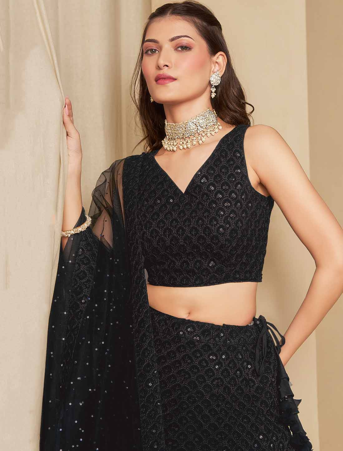 Black Georgette With Soft Net Thread Embroidered Ethnic Lehenga Choli