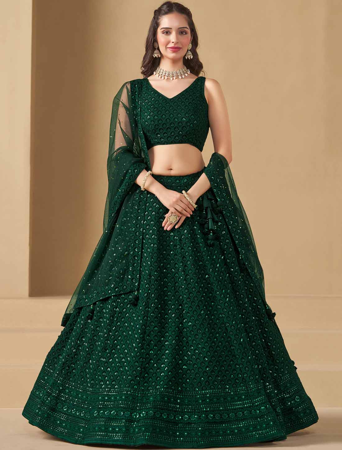 Green Soft Net With Georgette Thread Embroidered Ethnic Lehenga Choli