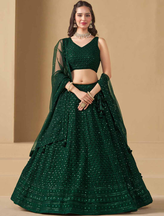 Green Soft Net With Georgette Thread Embroidered Ethnic Lehenga Choli