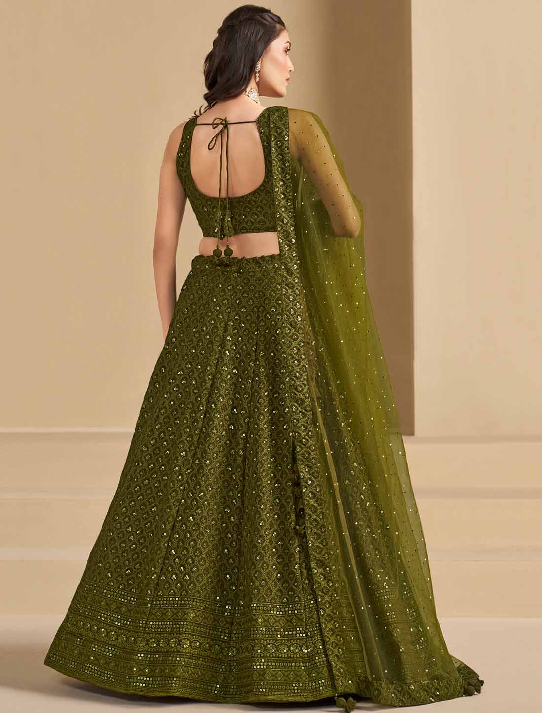 Mehndi Georgette With Soft Net Ethnic Thread Embroidered Lehenga Choli