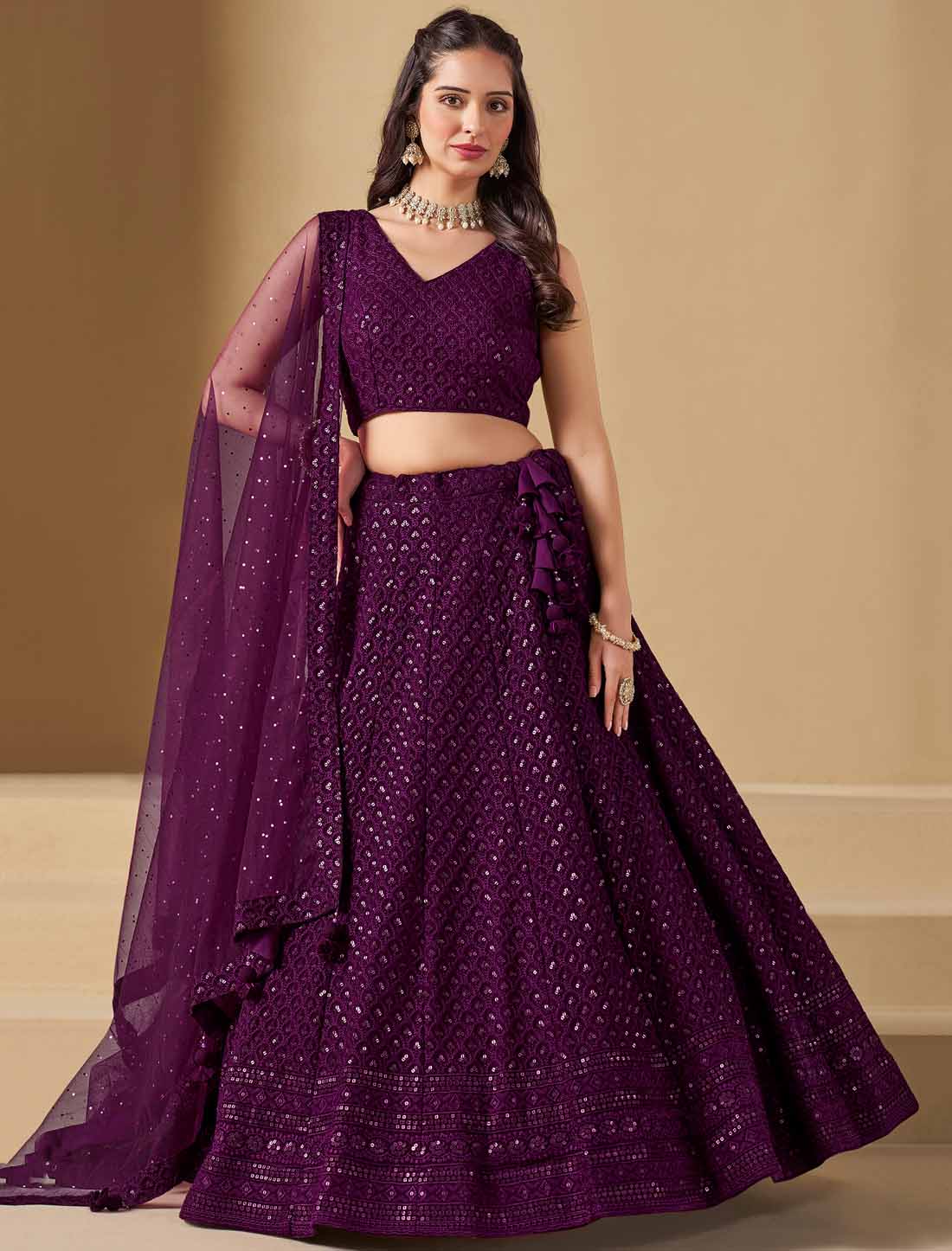 Wine Ethnic Georgette With Soft Net Thread Embroidered Lehenga Choli