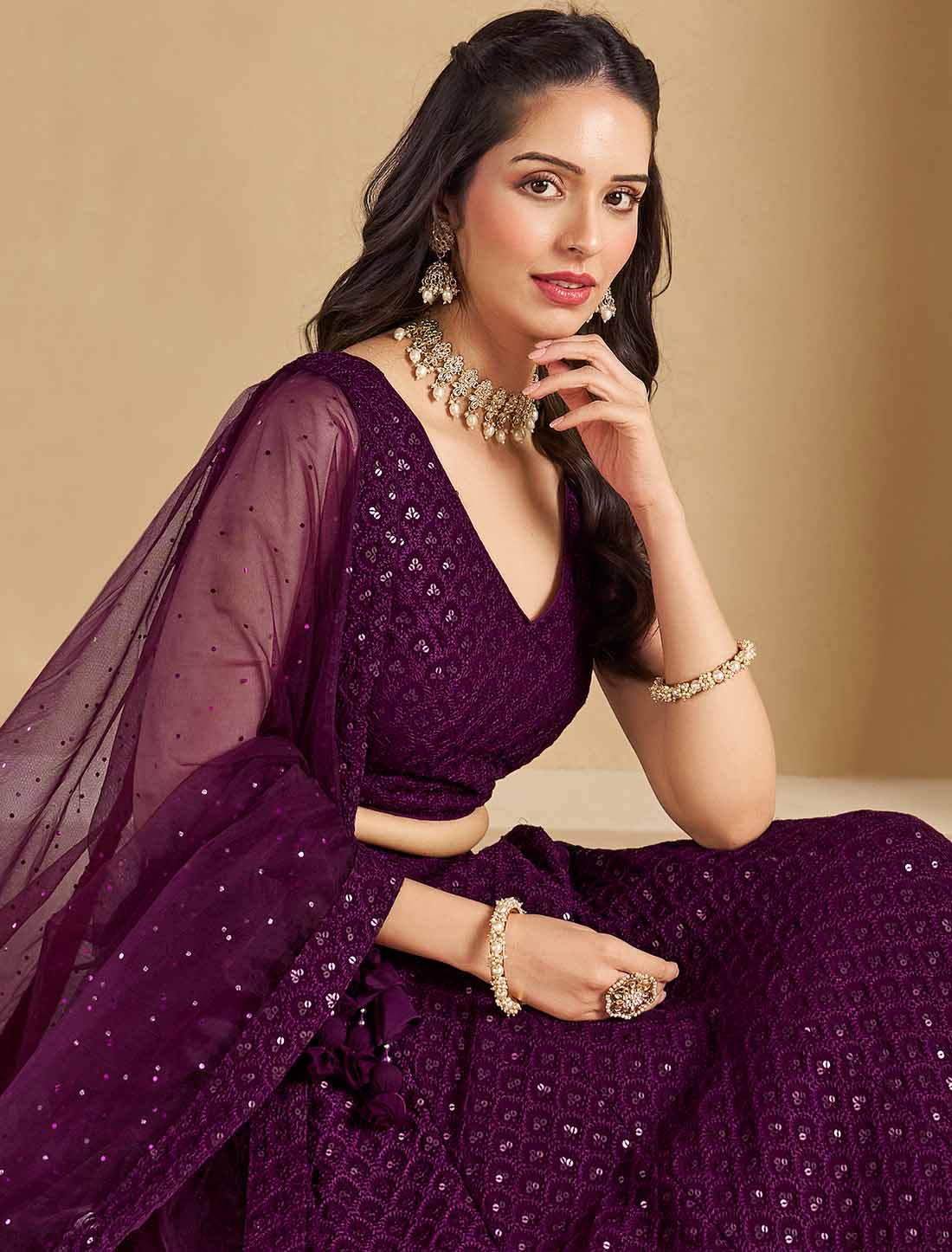 Wine Ethnic Georgette With Soft Net Thread Embroidered Lehenga Choli