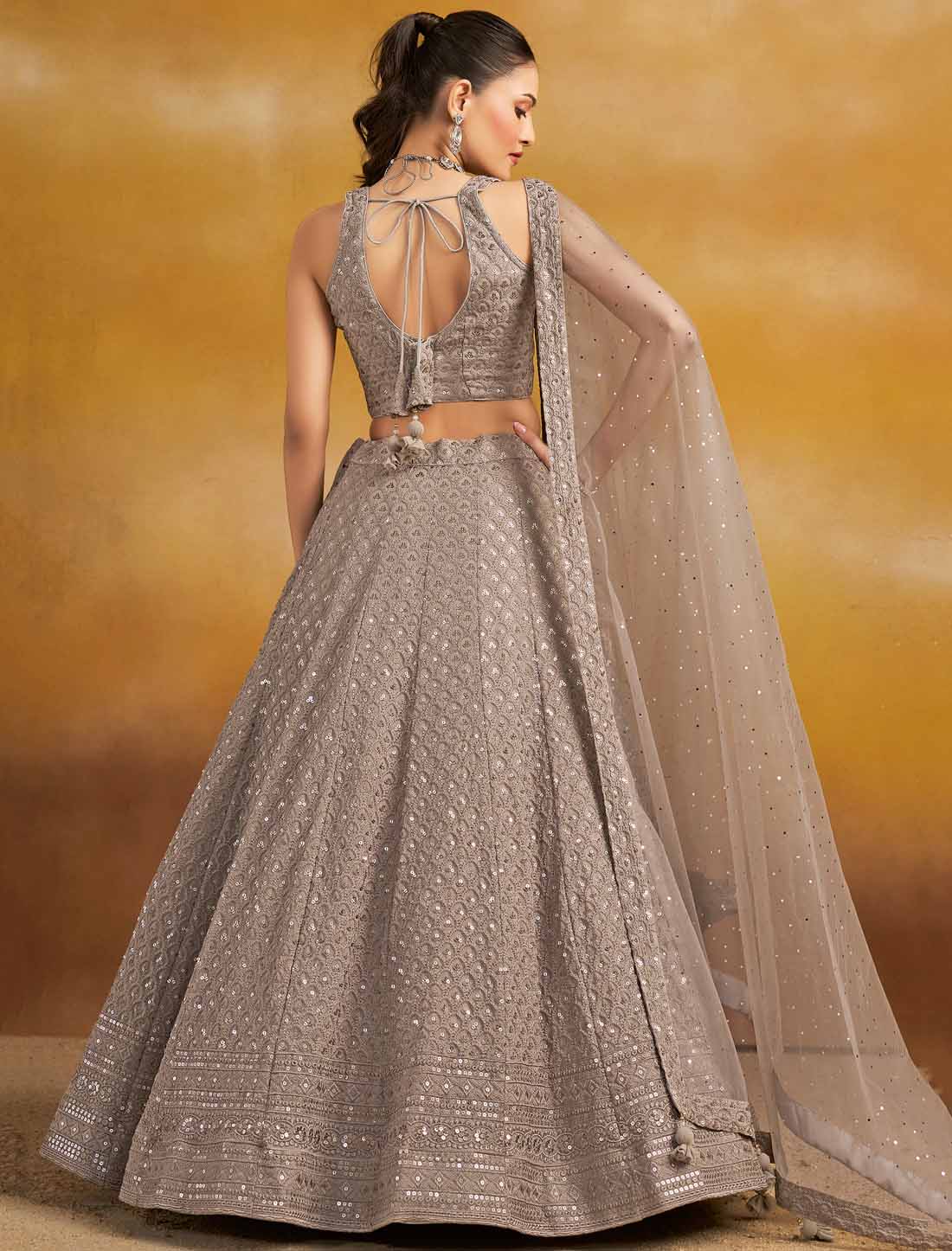 Grey Soft Net With Georgette Thread Embroidered Ethnic Lehenga Choli