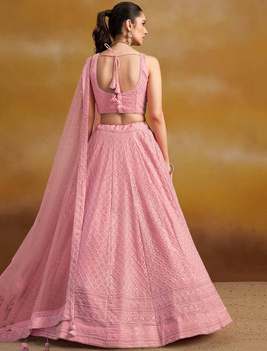 Pink Ethnic Georgette With Soft Net Thread Embroidered Lehenga Choli