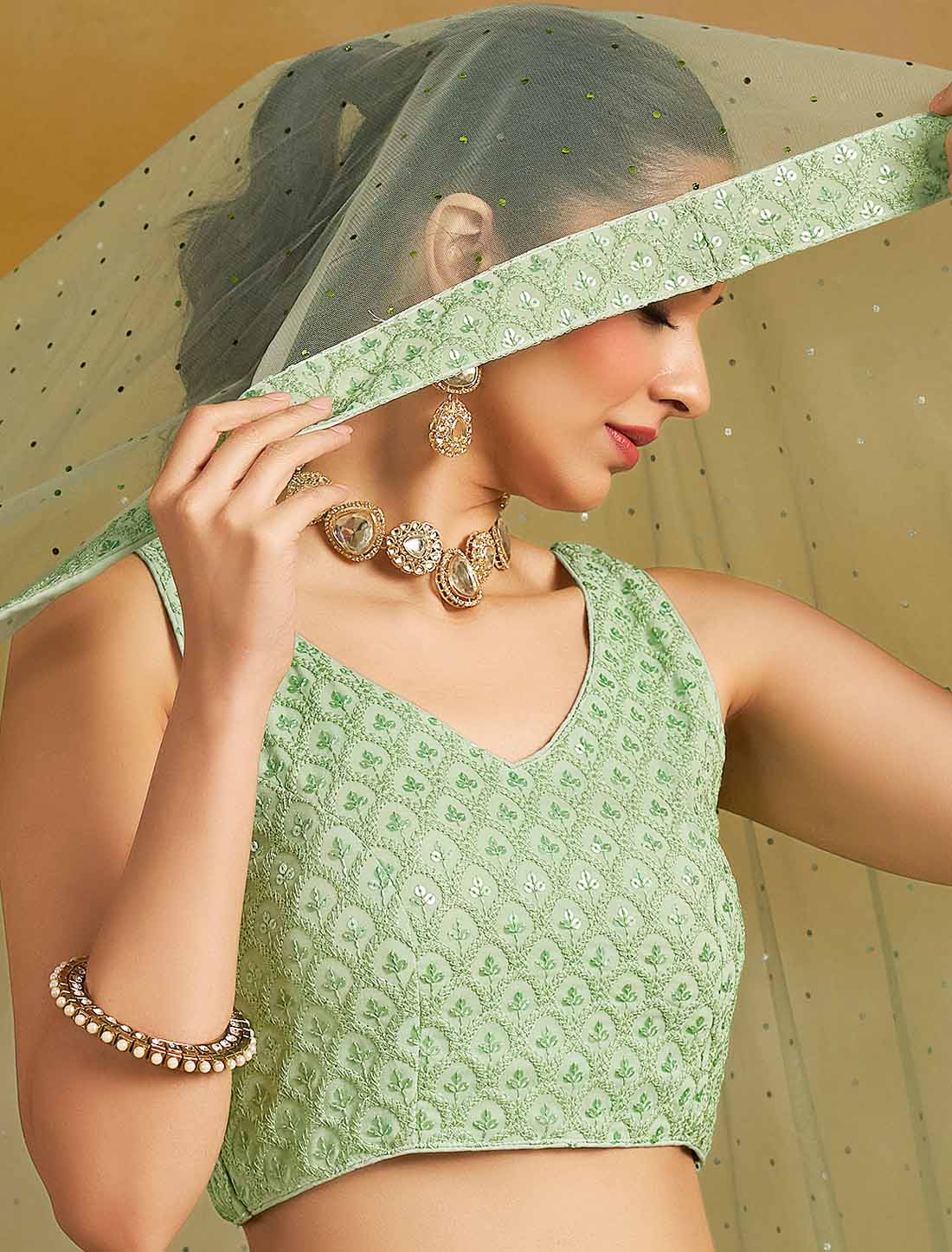Mint Georgette With Soft Net Ethnic Thread Embroidered Lehenga Choli