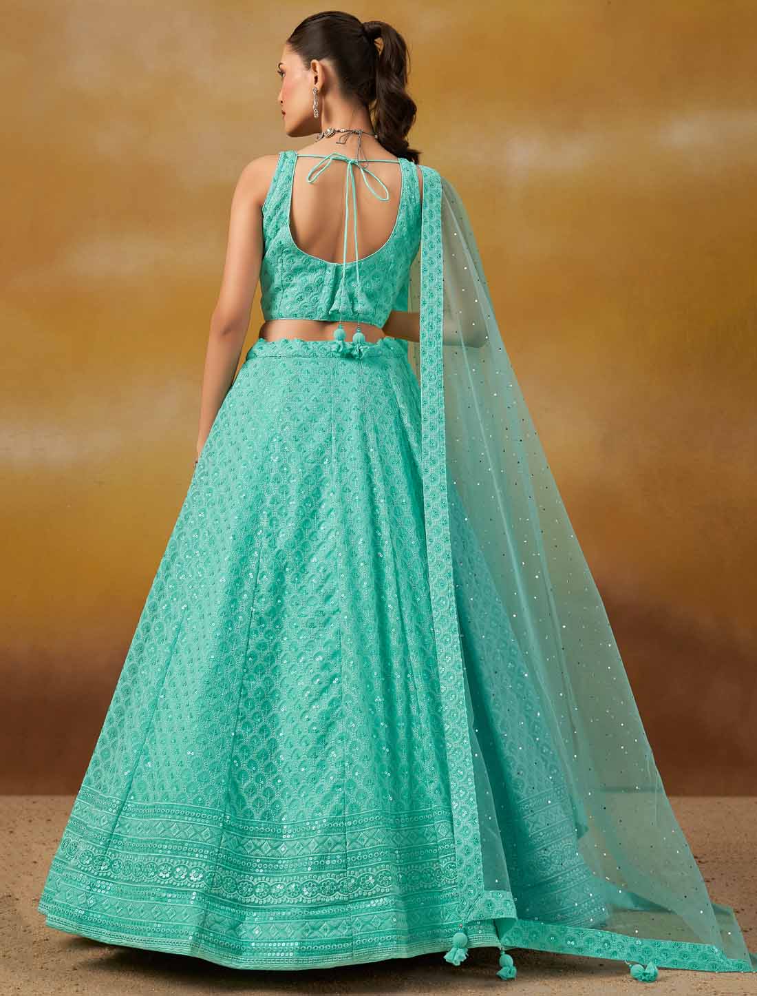 Sky Georgette With Soft Net Ethnic Thread Embroidered Lehenga Choli