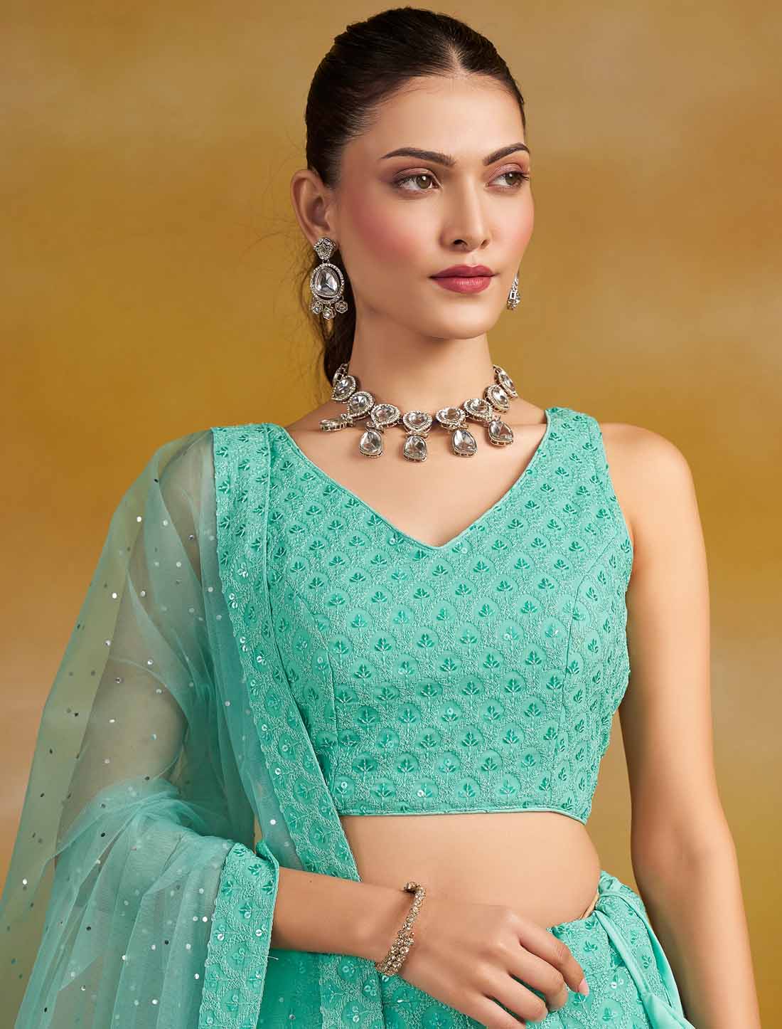 Sky Georgette With Soft Net Ethnic Thread Embroidered Lehenga Choli