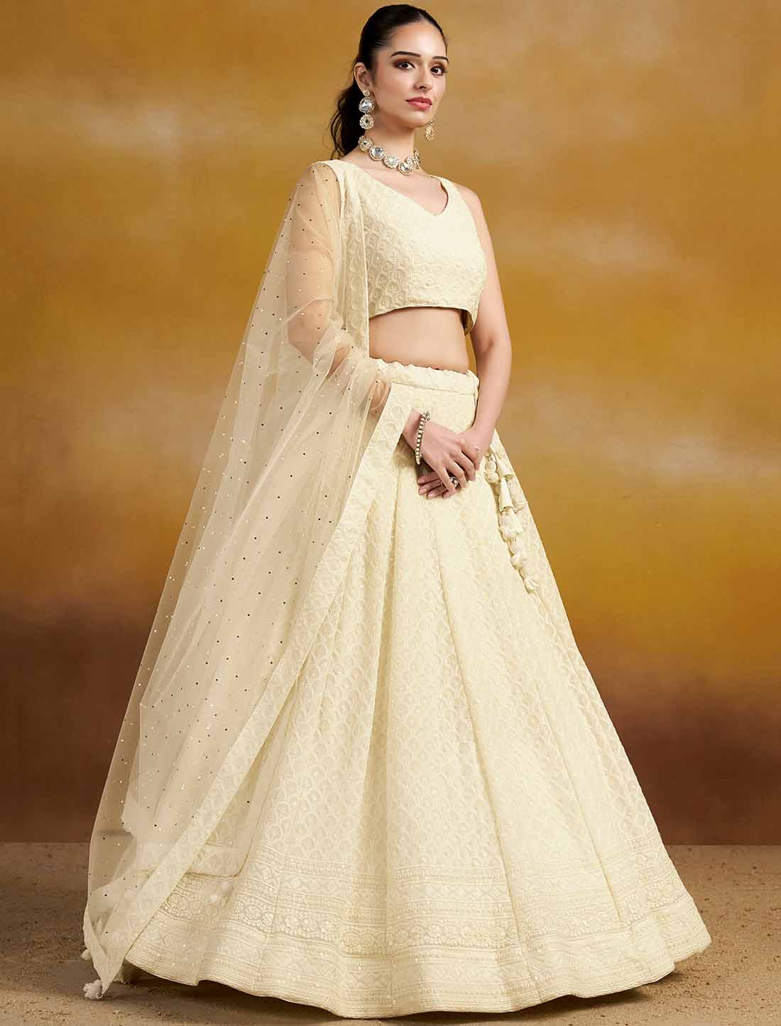 White Ethnic Georgette With Soft Net Thread Embroidered Lehenga Choli
